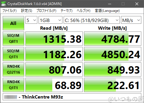 リプレイス前:ThinkCentre M93z - CrystalDiskMark