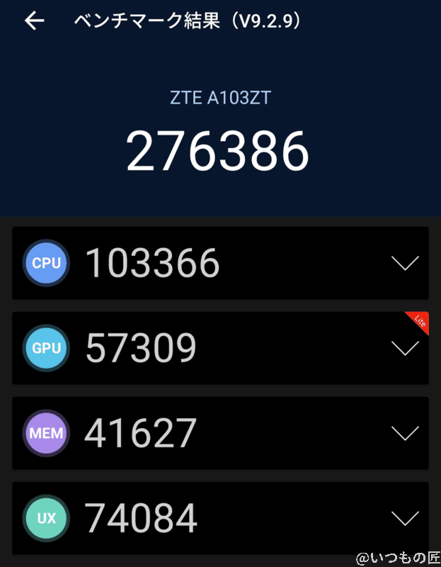 Antutu Benchmark テスト結果として、全体スコアは276386、CPUは103366、GPUは57309、メモリは41627、UXは74084でした。