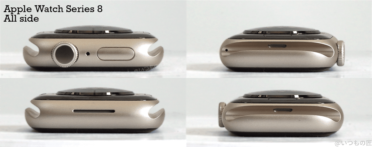 Apple Watch Series 8 右側面にデジタルクラウン(Digital Crown)とサイドボタン、上下面にはバンド穴、左側面にスピーカー兼通気口を搭載している