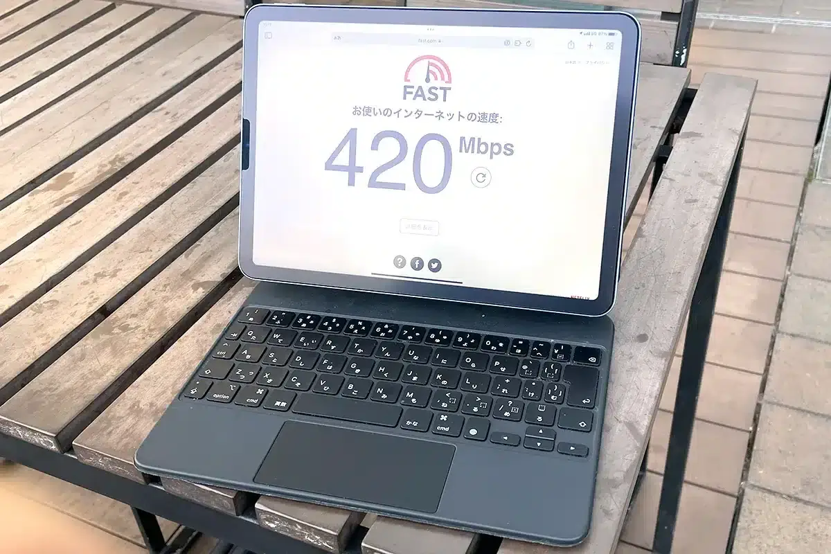 iPad Air5を5G回線を使って通信速度を計測してみたら、420Mbpsを記録しました。下手な光回線より高速です!