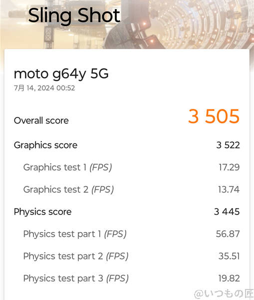 moto-g64-5g ベンチマーク
3D Mark Sling Shotのスコア