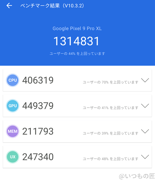 Google Pixel 9 Pro XL ベンチマーク Antutu AnTuTu Benchmark V10 計測結果(冷却時)
