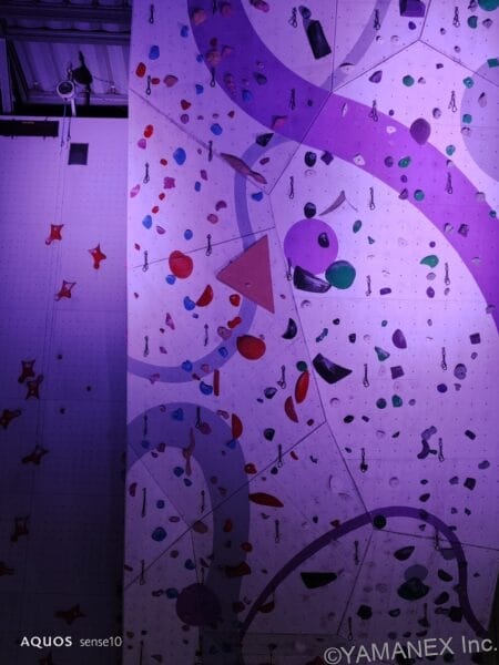 Indoor climbing wall with colorful holds and geometric panels lit in purple lighting, indicating routes and anchors throughout the wall.