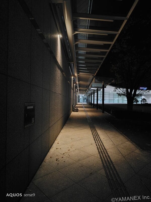 AQUOS sense10 カメラ 夜の美術館の歩道の風景