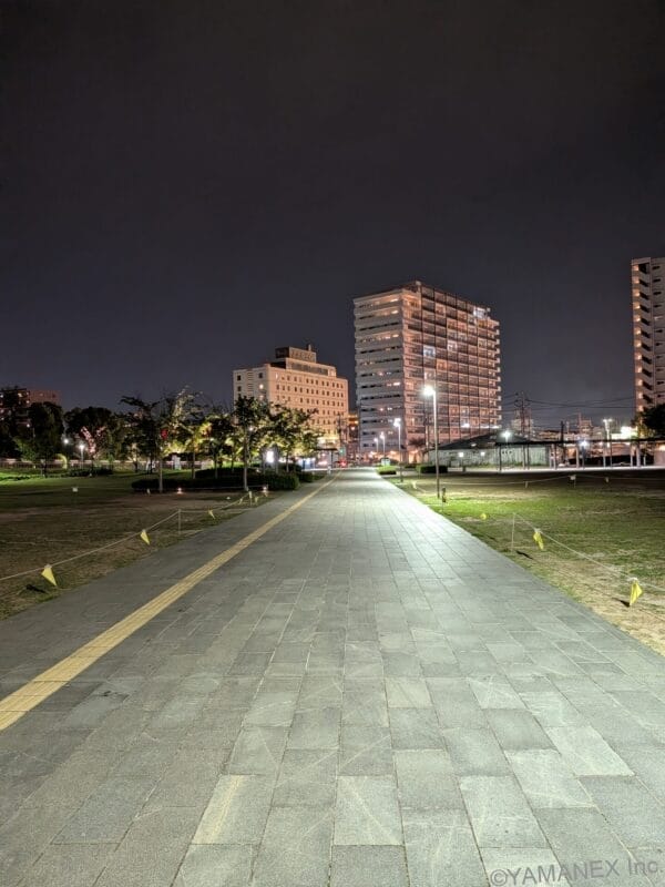 Google Pixel 10a カメラ
夜の公園にある舗装された歩道の風景