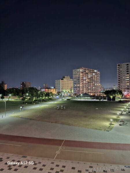 Galaxy A57 5G カメラ 夜の公園をズーム撮影した一枚